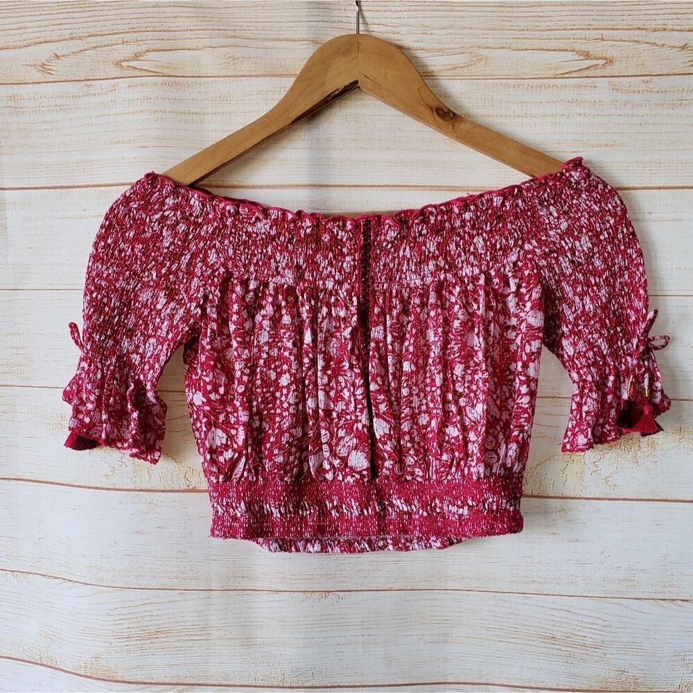 Poupette St. Barth Nava Off the Shoulder Crinkle Print Mini Cropped Top Blouse